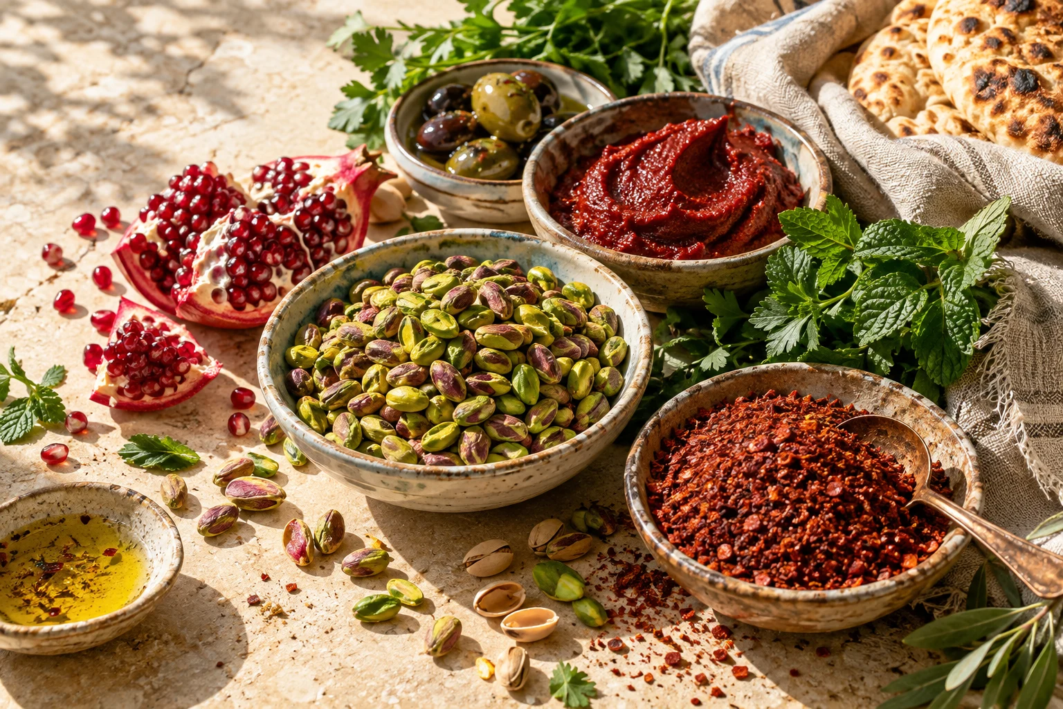Turkse ingrediënten op tafel: pistache, specerijen, granaatappel en brood